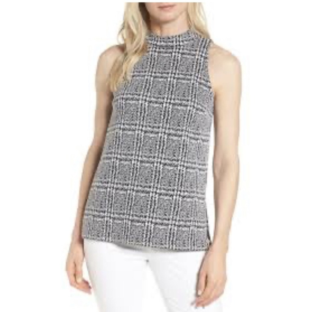 Michael Kors Womens Sleeveless Top M Medium Back Zip Moc Neck Herringbone